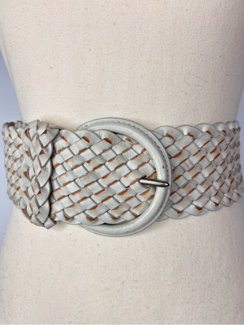 Wide Leather Abercrombie & Fitch VTG Braided Cream Beige Rustic Belt Oval Buckle - Picture 11 of 11